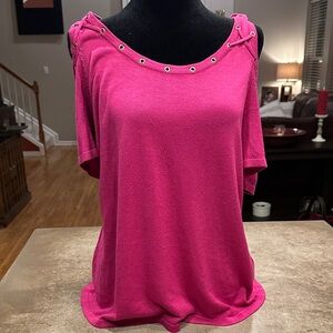 dressbarn Fuchsia Short Sleeve Cold Shoulder Top with Grommet Accents